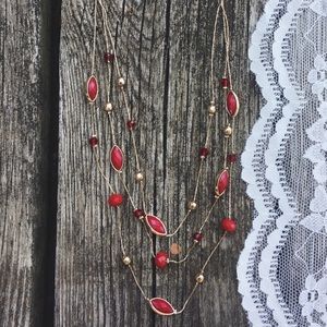 Gold and Red Beaded Layered Necklace